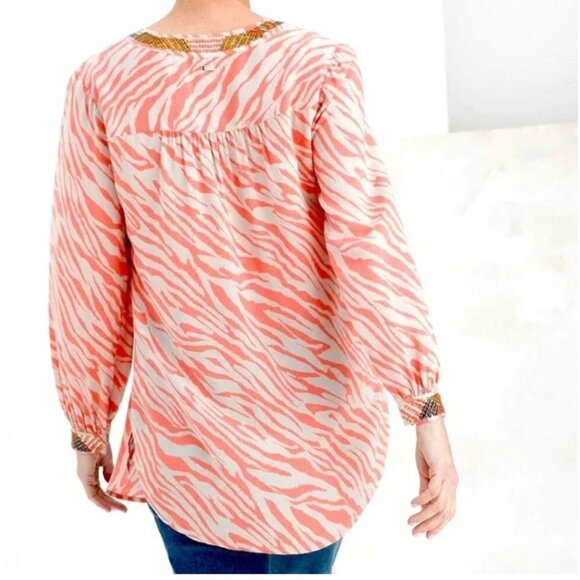 Chico's Embellished Neck Tunic Women's SZ 2P 12/14 Large Zebra Nectarine Blouse - Picture 2 of 14
